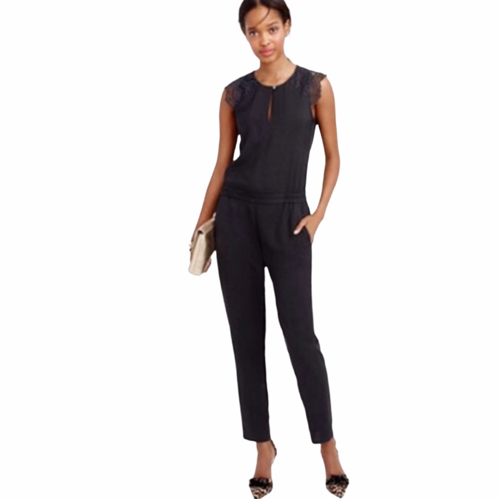 J. Crew Black Lace Cap-Sleeve Jumpsuit
